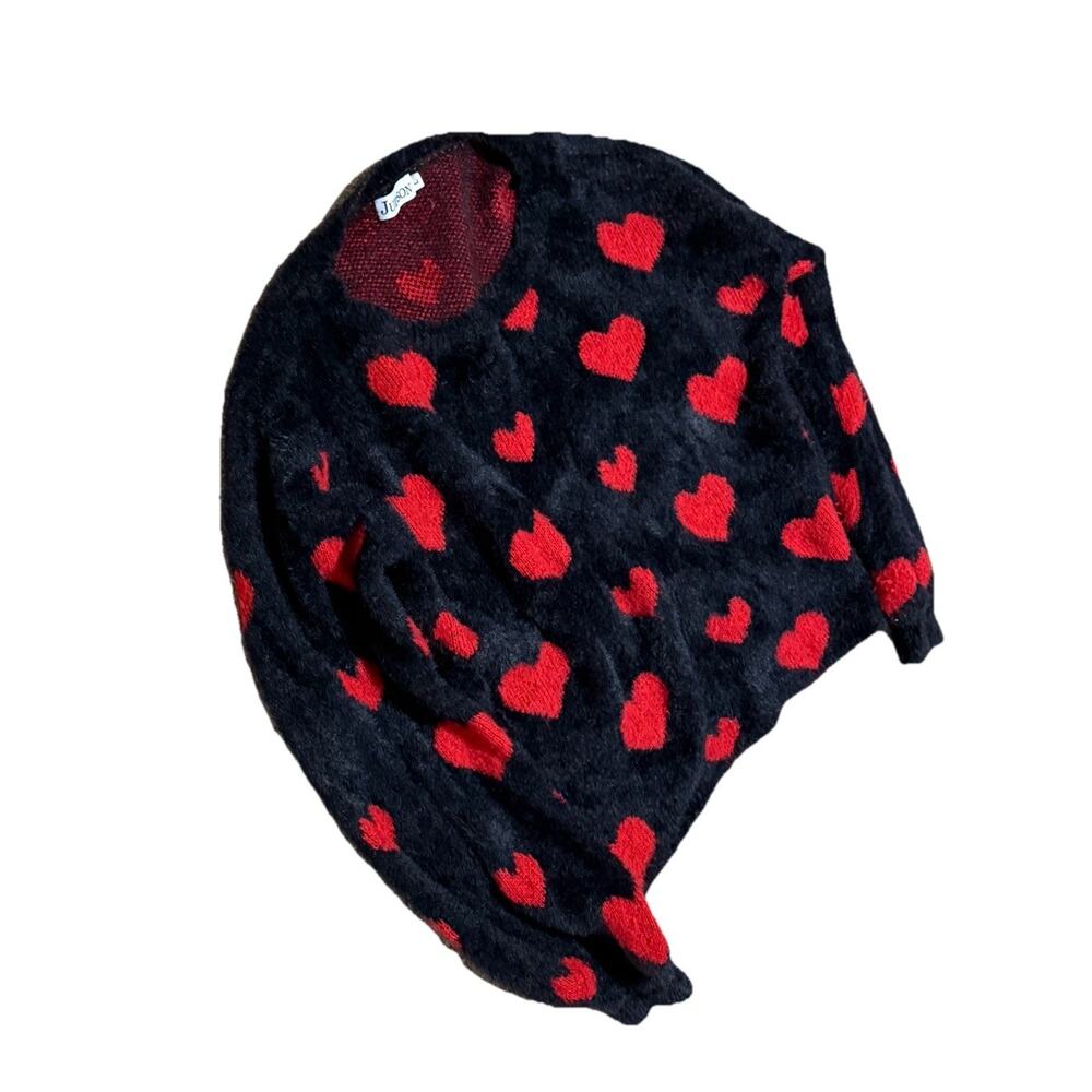 Judson Fuzzy Heart Sweater Sz Large Black Red Printed Pullover Cozy Soft Top